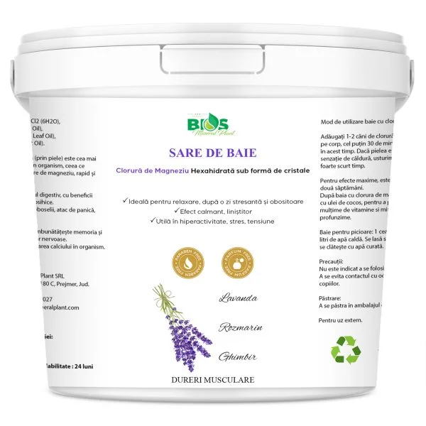 Ulei de magneziu & sare de baie - Sare de baie pentru dureri și inflamații musculare, cu magneziu (Sare Nigari) și uleiuri esentiale de lavandă, rozmarin și ghimbir, 850g, BIOS Mineral Plant