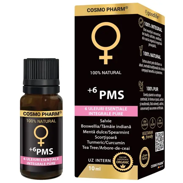 Echilibru hormonal - +6 PMS, mix de 6 uleiuri esentiale integrale pure, 10ml, uz intern, 100% natural, Cosmopharm