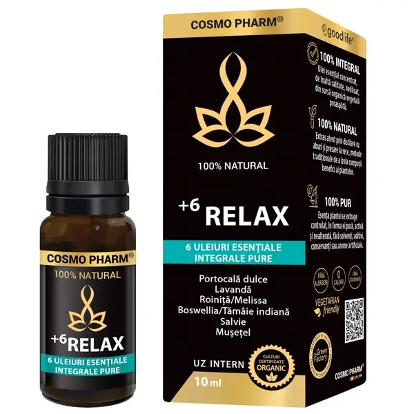 Calm și relaxare, somn odihnitor - +6 Relax, mix de 6 uleiuri esentiale integrale pure, 10ml, uz intern, 100% natural, Cosmopharm