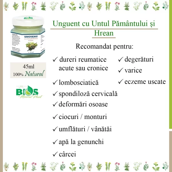 Unguent cu untul pamantului si hrean, 100% natural, 45ml, BIOS Mineral Plant [2]