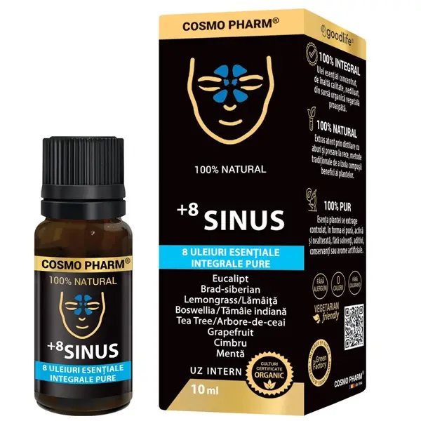 Sistem respirator - +8 Sinus, mix de 8 uleiuri esentiale integrale pure, 10ml, uz intern, 100% natural, Cosmopharm