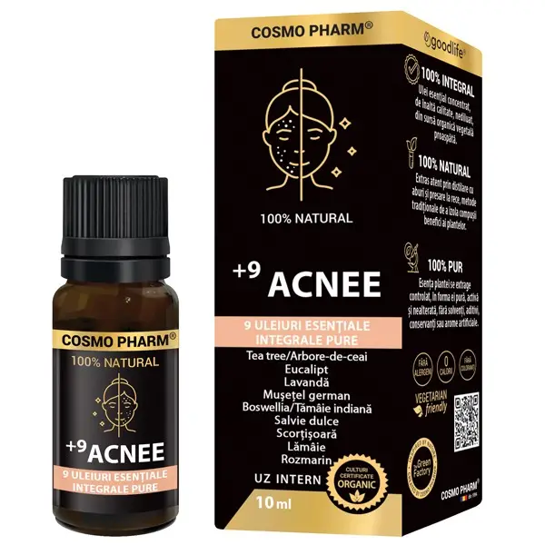 Păr, piele și unghii - +9 Acnee, mix de 9 uleiuri esentiale integrale pure, 10ml, uz intern, 100% natural, Cosmopharm