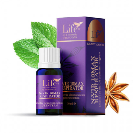 Sistem respirator - N-VIR 10 MAX Respirator, combinatie de uleiuri esentiale 10ml uz intern, Bionovativ
