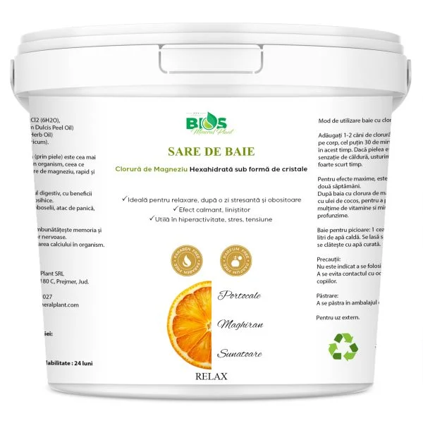 Ulei de magneziu & sare de baie - Sare de Baie - Relax - cu magneziu (Sare Nigari) și uleiuri esentiale de portocală, maghiran și sunătoare, 850g, BIOS Mineral Plant