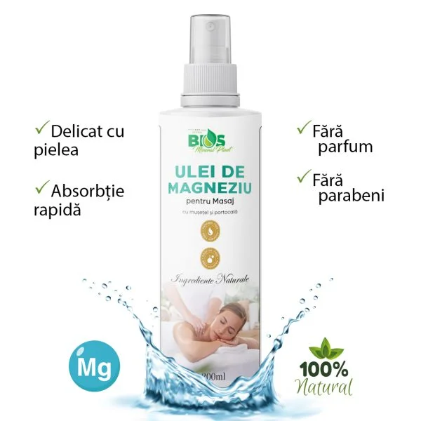 Ulei de magneziu & sare de baie - Ulei de Magneziu pentru masaj, cu mușețel și portocala 100% natural, 200ml, BIOS Mineral Plant