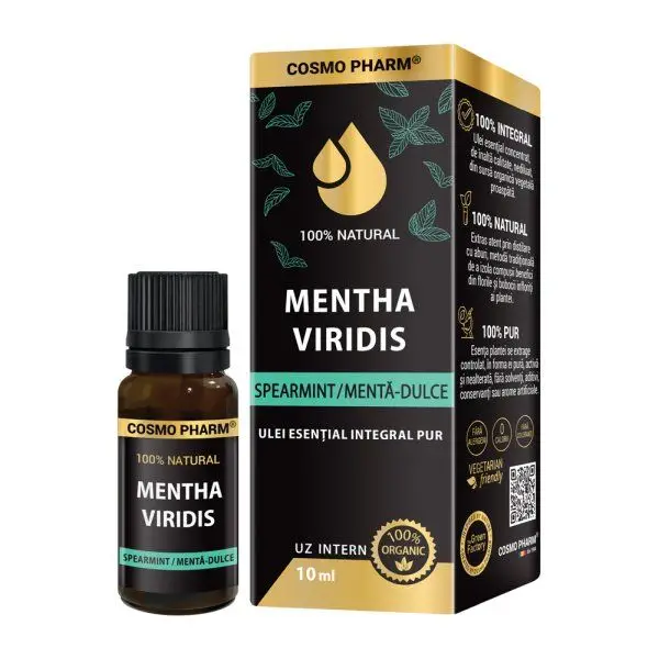 Simple - Ulei esential integral pur de Mentă dulce/ Spearmint (Mentha viridis) 10ml, uz intern, 100% natural, Cosmopharm
