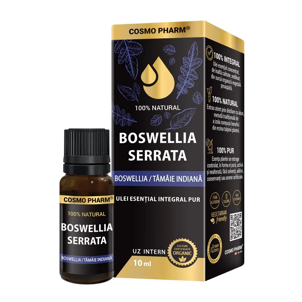 Simple - Ulei esential integral pur de Tămâie Indiană (Boswellia serrata) 10ml, uz intern, 100% natural, Cosmopharm