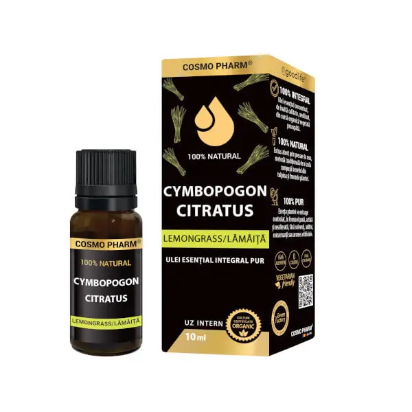 Simple - Ulei esential integral pur de Lemongrass/ Lămâiță (Cymbopogon citratus) 10ml, uz intern, 100% natural, Cosmopharm