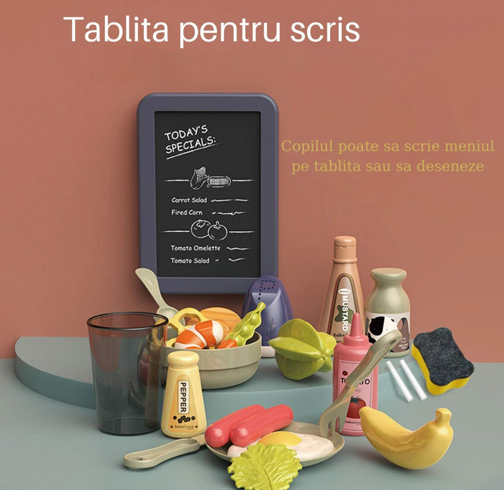 Bucatarie copii, Rovo 187, aragaz de jucarie, chiuveta cu circuit de apa, aragaz aburi, sunete, lumini, frigider, fructe, legume, multiple accesorii, 42 de piese [5]