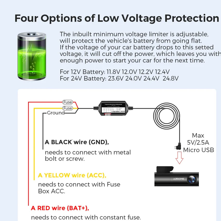 Kit cablu alimentare si monitorizare miscare pentru AZDOME JYX04 pentru modele M300  M300S, 12 24V To 5V 3A, Micro USB [3]