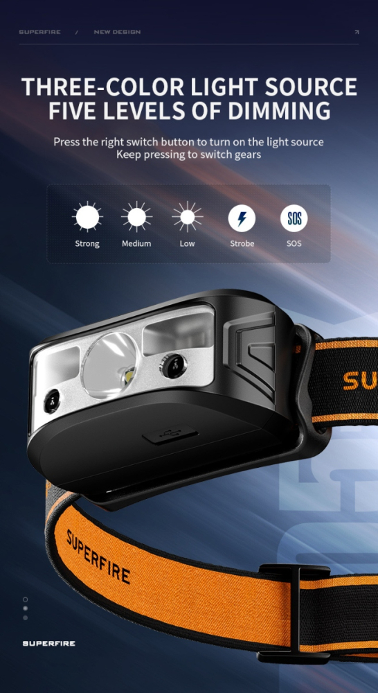 Lanterna LED pentru cap Superfire HL05-K, 120lm, 100m, 500mAh, Lumina rosie, control miscare [5]