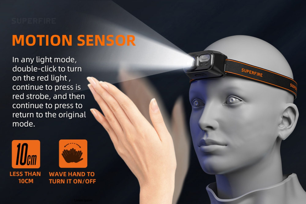 Lanterna LED pentru cap Superfire HL23, 220lm, 120m, 800mAh, Lumina rosie, incarcare USB-C, control miscare [2]