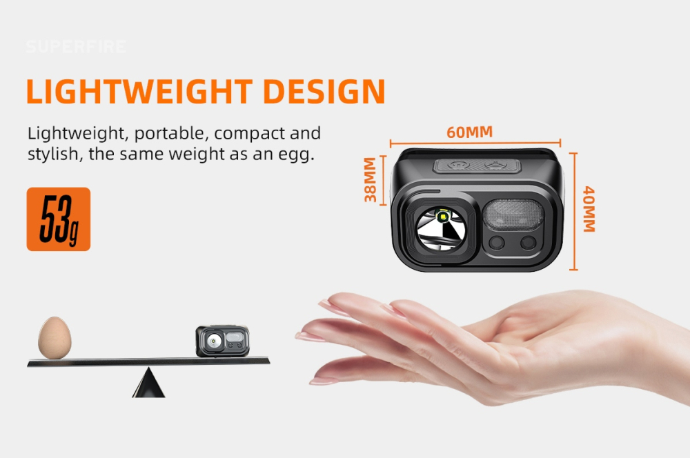 Lanterna LED pentru cap Superfire HL23-A, 220lm, 120m, 1600mAh, Lumina rosie, incarcare USB-C, control miscare [6]