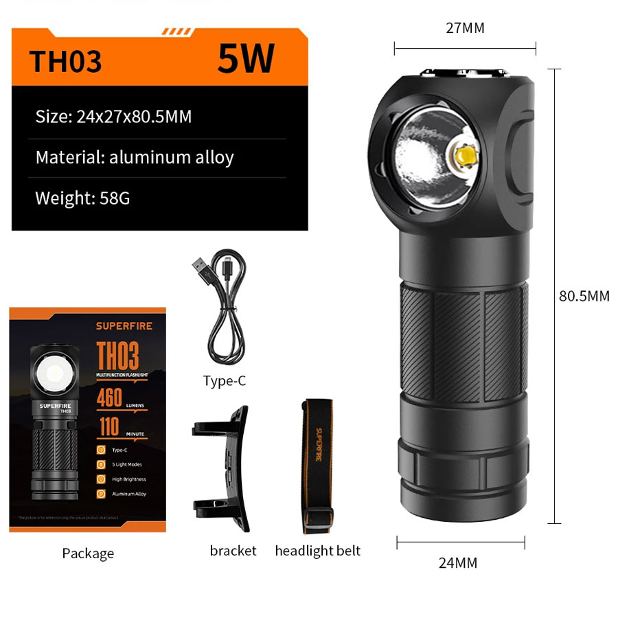 Lanterna Multifunctionala LED Superfire TH03, USB, 460lm, 104m, incarcare USB-C, suport cap, prindere magnetica [2]