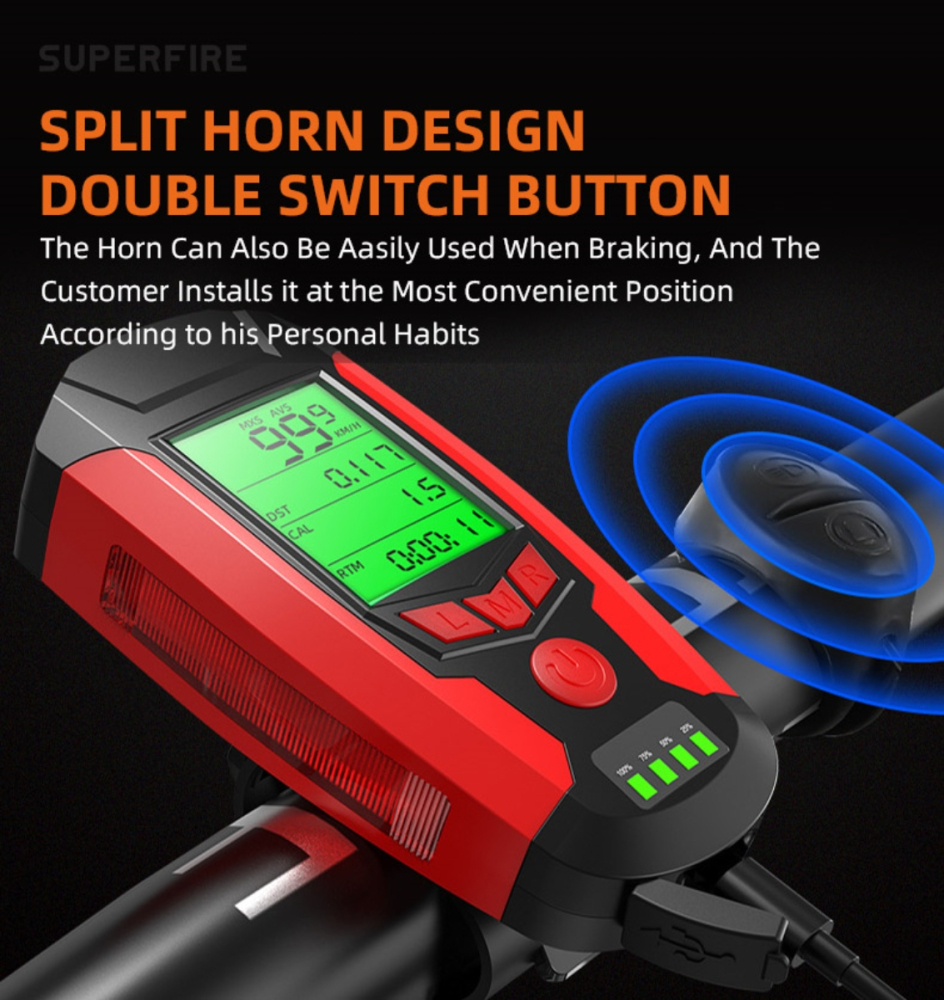 Lanterna pentru bicicleta 4 in 1 Superfire BM01, 300 lumeni, afisare viteza, km, temperatura, display cu afisaj, 5 functii, [3]