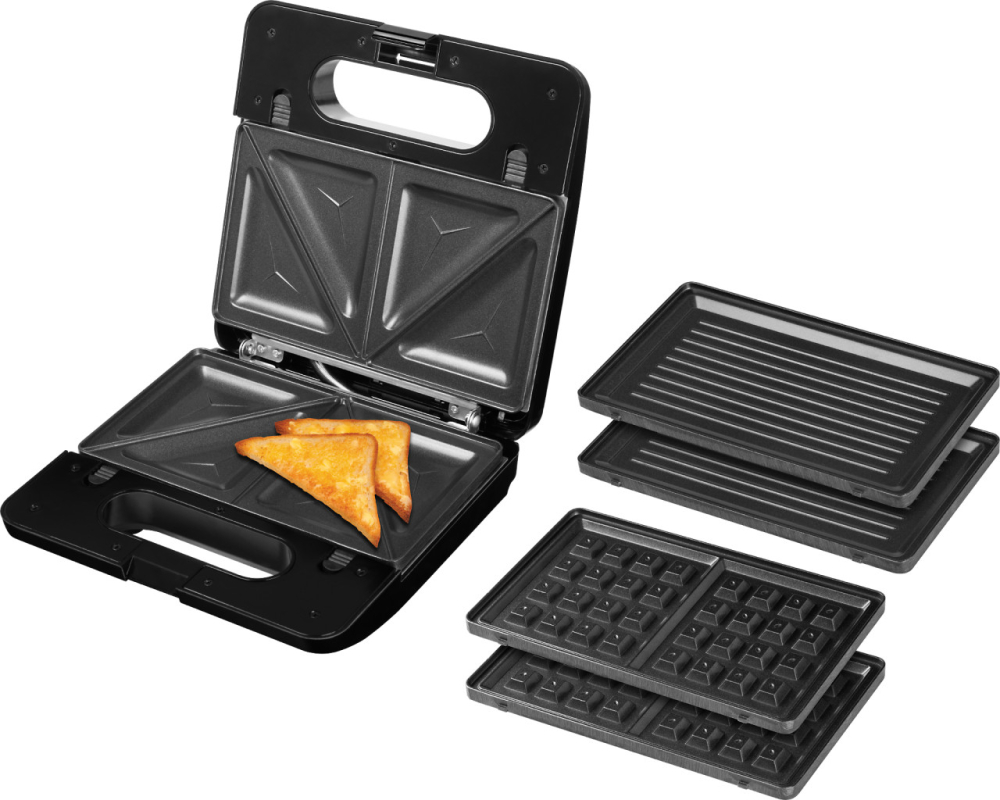 Sandwich-maker ECG S3173 3in1 Triangle, 750W, 3 tipuri de placi detasabile, negru-otel inoxidabil [8]