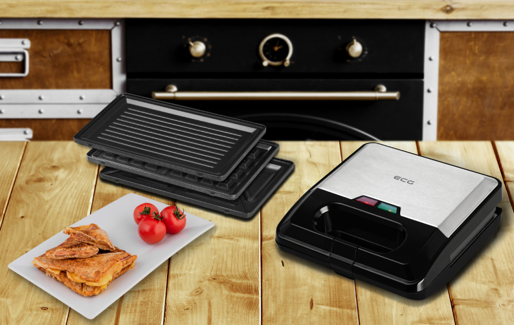 Sandwich-maker ECG S3173 3in1 Triangle, 750W, 3 tipuri de placi detasabile, negru-otel inoxidabil [4]