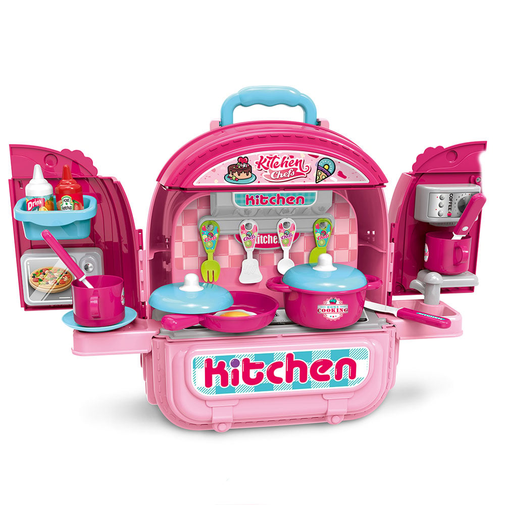 Set ghiozdan jucarie 3 in 1 Rovo 991, Bucatarie, Apartament Fetita, 86 piese, Roz [4]