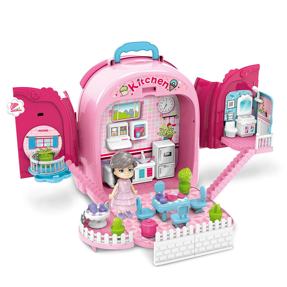 Set ghiozdan jucarie 3 in 1 Rovo 991, Bucatarie, Apartament Fetita, 86 piese, Roz [2]