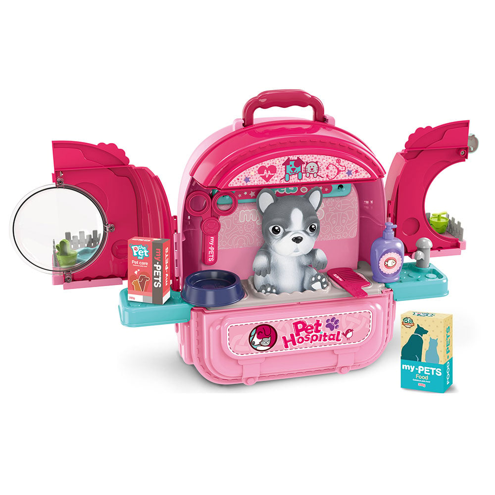 Set ghiozdan jucarie 3 in 1 Rovo 997-1, Spital Catel, Veterinar, 59 piese - Roz [3]