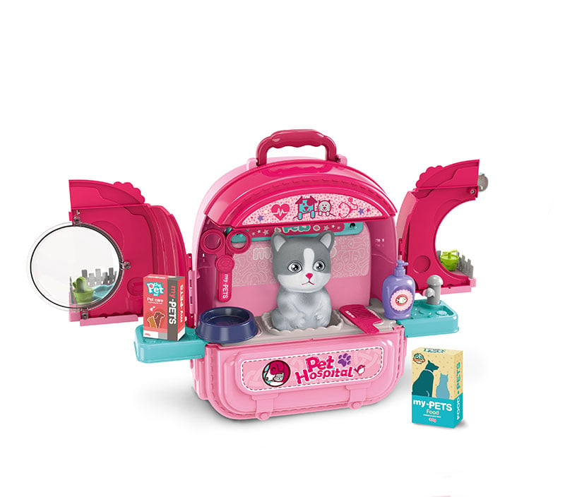 Set ghiozdan jucarie 3 in 1 Rovo 997-2, Spital Pisica, Veterinar, 59 piese - Roz [7]