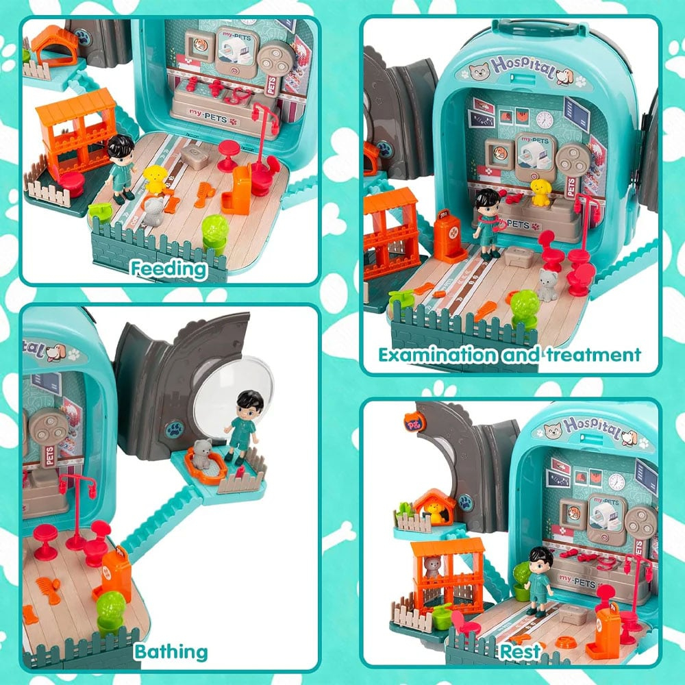 Set ghiozdan jucarie 3 in 1 Rovo 998-1, Spital Catel, Veterinar, 59 piese - Albastru [4]