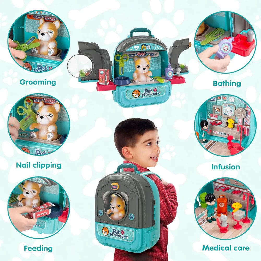 Set ghiozdan jucarie 3 in 1 Rovo 998-1, Spital Catel, Veterinar, 59 piese - Albastru [3]