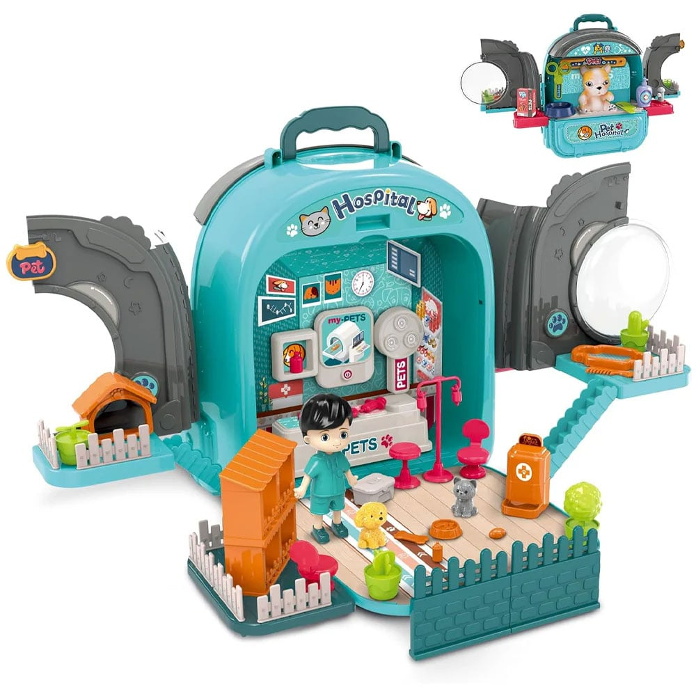 Set ghiozdan jucarie 3 in 1 Rovo 998-1, Spital Catel, Veterinar, 59 piese - Albastru [2]
