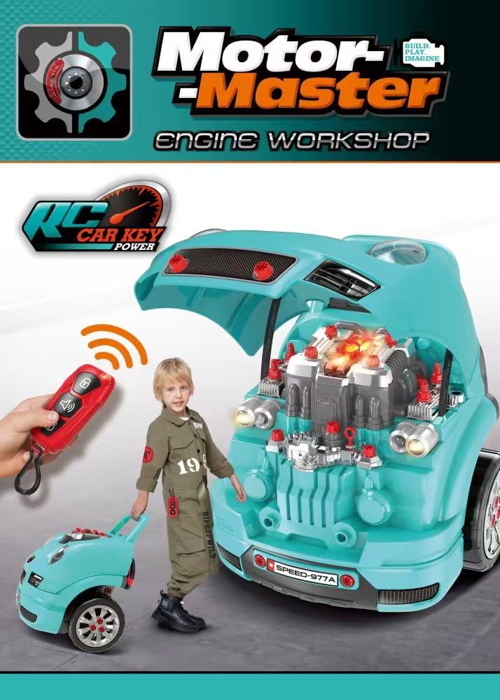 Set Reparatie Motor Auto Mecanic Rovo 977A, Sunete, Lumini, Telecomanda, Claxon, Schimbator viteze, 61 piese, 47cm [3]