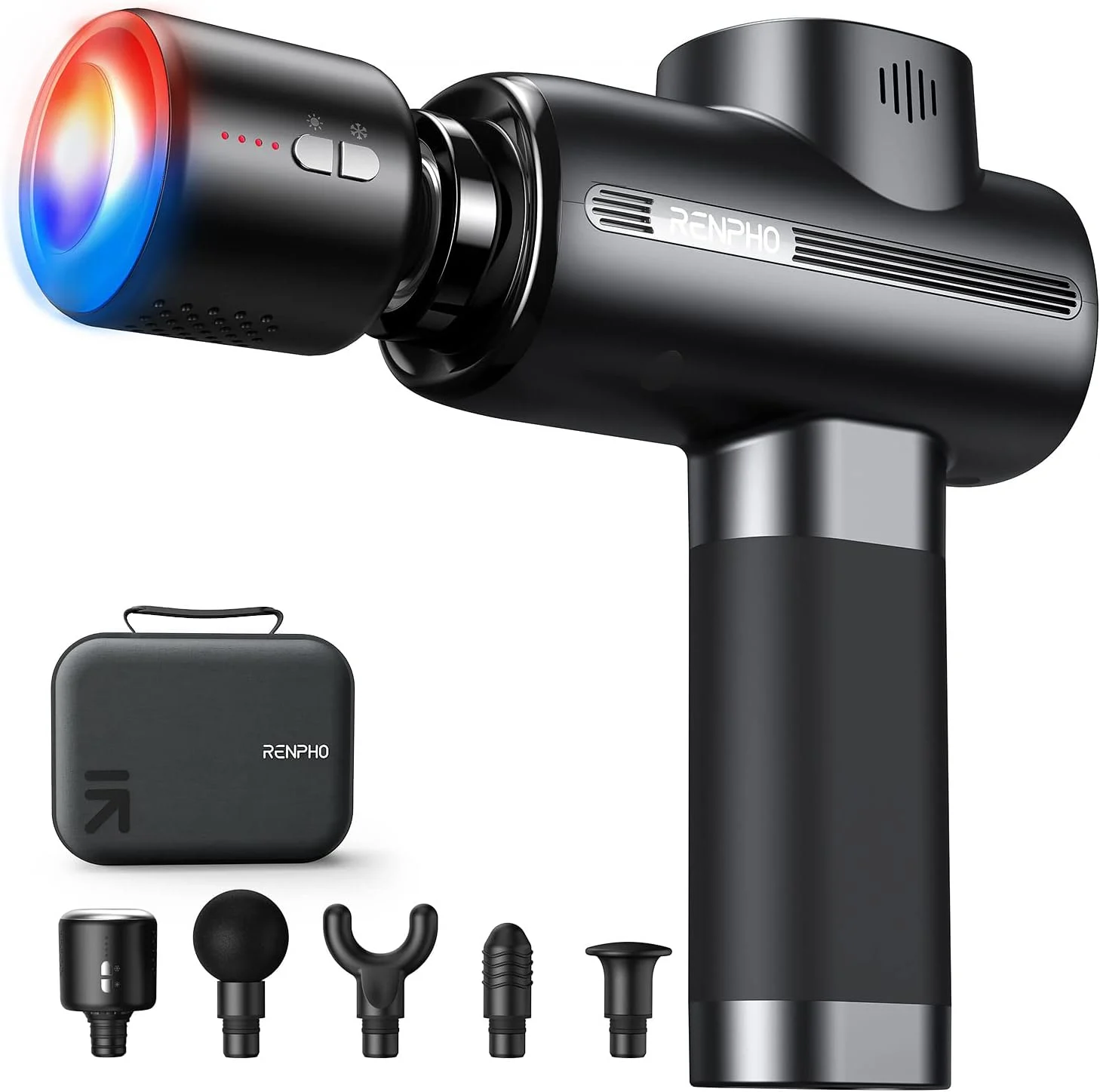 Aparate de masaj - Aparat de masaj Gun Renpho Thermacool, Cap incalzit, 5 capete, 5 viteze, 3200rpm