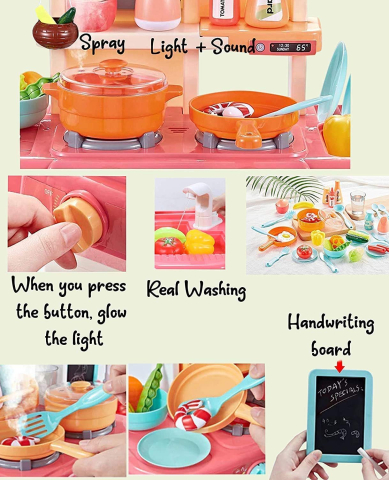 Bucatarie copii, Rovo 187, aragaz de jucarie, chiuveta cu circuit de apa, aragaz aburi, sunete, lumini, frigider, fructe, legume, multiple accesorii, 42 de piese [2]