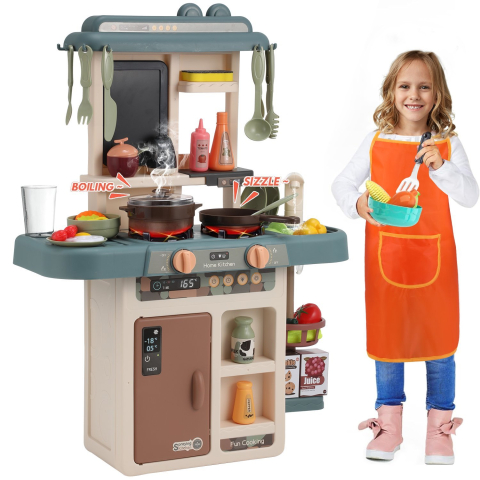 Jucarii copii - Bucatarie copii, Rovo 187, aragaz de jucarie, chiuveta cu circuit de apa, aragaz aburi, sunete, lumini, frigider, fructe, legume, multiple accesorii, 42 de piese