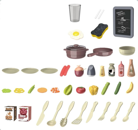 Bucatarie copii, Rovo 187, aragaz de jucarie, chiuveta cu circuit de apa, aragaz aburi, sunete, lumini, frigider, fructe, legume, multiple accesorii, 42 de piese [5]