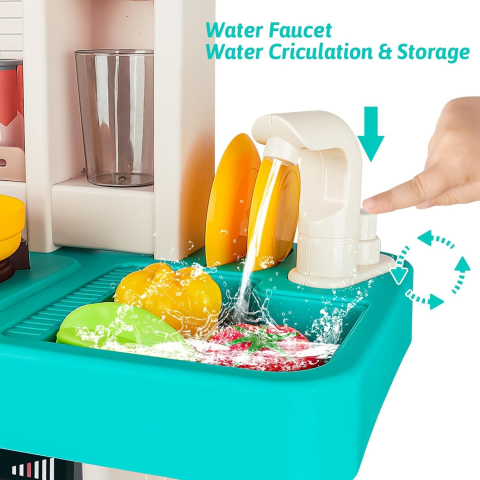 Bucatarie copii, Rovo 277, aragaz de jucarie, chiuveta cu circuit de apa, aragaz aburi, sunete, lumini, frigider, cuptor, fructe, legume, multiple accesorii, 50 de piese [2]