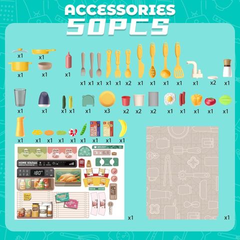 Bucatarie copii, Rovo 277, aragaz de jucarie, chiuveta cu circuit de apa, aragaz aburi, sunete, lumini, frigider, cuptor, fructe, legume, multiple accesorii, 50 de piese [4]