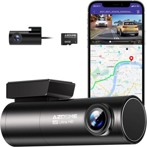 Auto/Moto - Camera auto DVR AZDOME M300S, Dubla, 4K + 1080P, 5GHz WiFi, GPS, Unghi 170  , Comanda vocala, Card 64G inclus