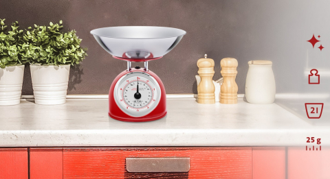 Cantar mecanic de bucatarie ETA Storio 5777 ROSU, 5 kg, precizie 25g, vas 5 L din otel inoxidabil [2]