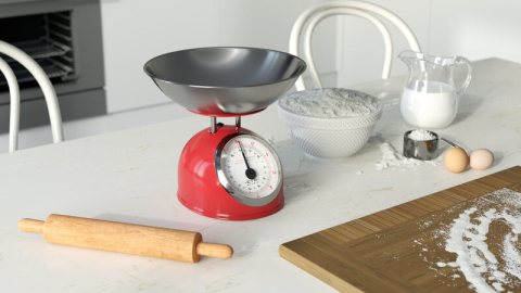 Cantare - Cantar mecanic de bucatarie ETA Storio 5777 ROSU, 5 kg, precizie 25g, vas 5 L din otel inoxidabil