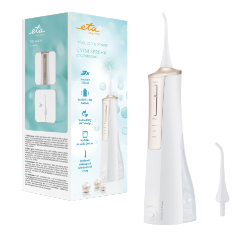 Irigatoare bucale - Irigator bucal ETA AquaCare Power 2708 90000, 3 moduri de curatare, rezervor 200 ml, IPX7, alb/auriu
