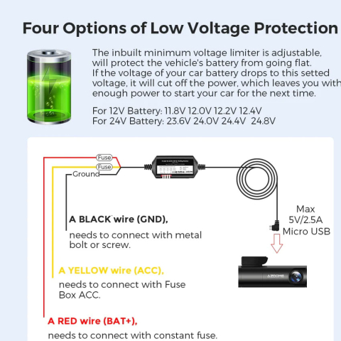 Kit cablu alimentare si monitorizare miscare pentru AZDOME JYX04 pentru modele M300  M300S, 12 24V To 5V 3A, Micro USB [2]