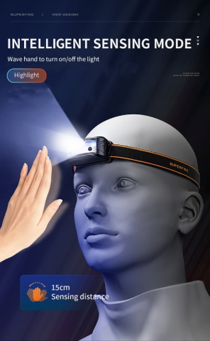 Lanterna LED pentru cap Superfire HL05-K, 120lm, 100m, 500mAh, Lumina rosie, control miscare [6]