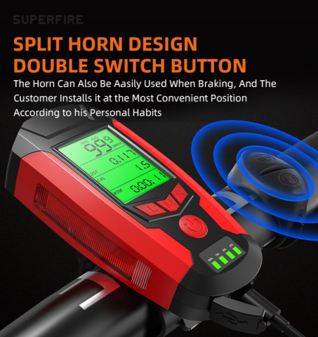 Lanterna pentru bicicleta 4 in 1 Superfire BM01, 300 lumeni, afisare viteza, km, temperatura, display cu afisaj, 5 functii, [2]