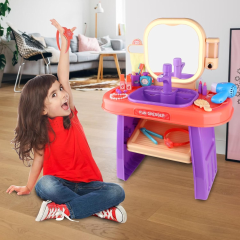Masuta de Machiaj jucarie Rovo 959, Oglinda cu Lumini LED si Muzica, Robinet cu senzor, Dispenser Sapun, 23 piese [4]