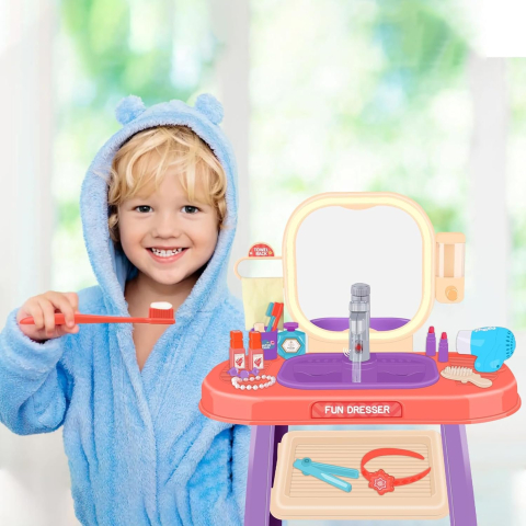 Masuta de Machiaj jucarie Rovo 959, Oglinda cu Lumini LED si Muzica, Robinet cu senzor, Dispenser Sapun, 23 piese [5]