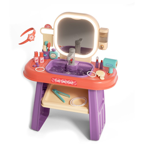 Jucarii copii - Masuta de Machiaj jucarie Rovo 959, Oglinda cu Lumini LED si Muzica, Robinet cu senzor, Dispenser Sapun, 23 piese