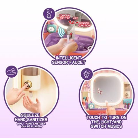 Masuta de Machiaj jucarie Rovo 959, Oglinda cu Lumini LED si Muzica, Robinet cu senzor, Dispenser Sapun, 23 piese [3]