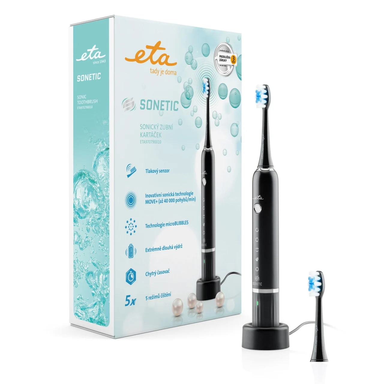 Lifestyle & Familie - Periuta electrica sonica ETA Sonetic 9707 90010, senzor de presiune, baterie Li-ion 3.7 V, cronometru, negru