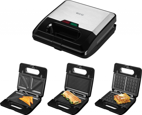 Sandwich-maker ECG S3173 3in1 Triangle, 750W, 3 tipuri de placi detasabile, negru-otel inoxidabil [1]