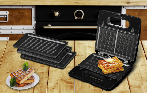 Sandwich-maker ECG S3173 3in1 Triangle, 750W, 3 tipuri de placi detasabile, negru-otel inoxidabil [2]