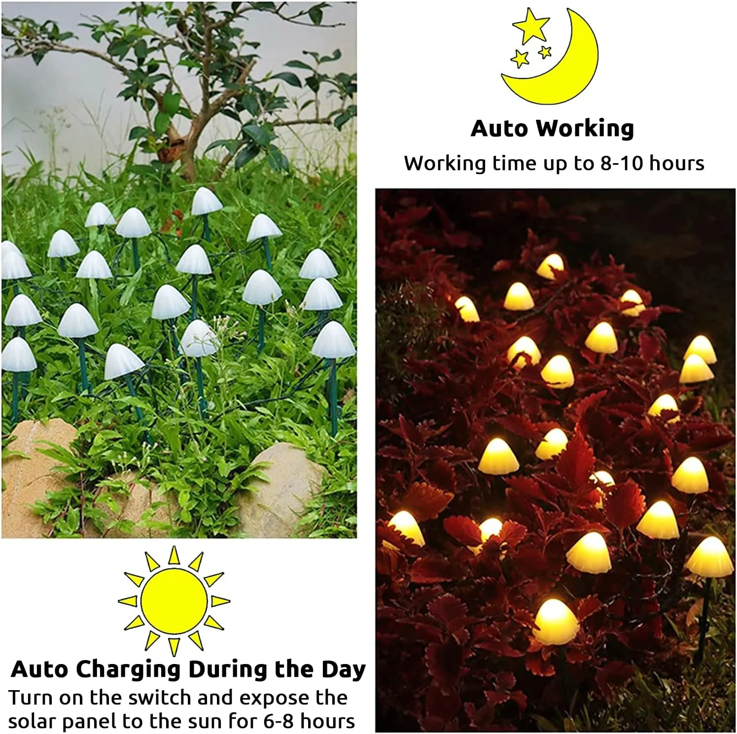 Corpuri iluminat - Set 30 lampi solare LED Rovo 01-Alb, ciupercute, lumina alb cald, 6.5m, 8 moduri